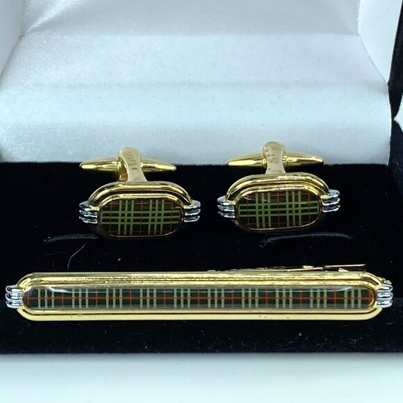 Burberry gold silvery tone Green Nova check cufflink tie clip GS462 - Picture 1 of 7